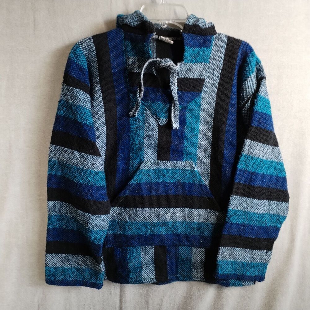 La Casa Del Sarape Medium Knitted Poncho Baha Hoodie Alejandro Cruz Flores Blue